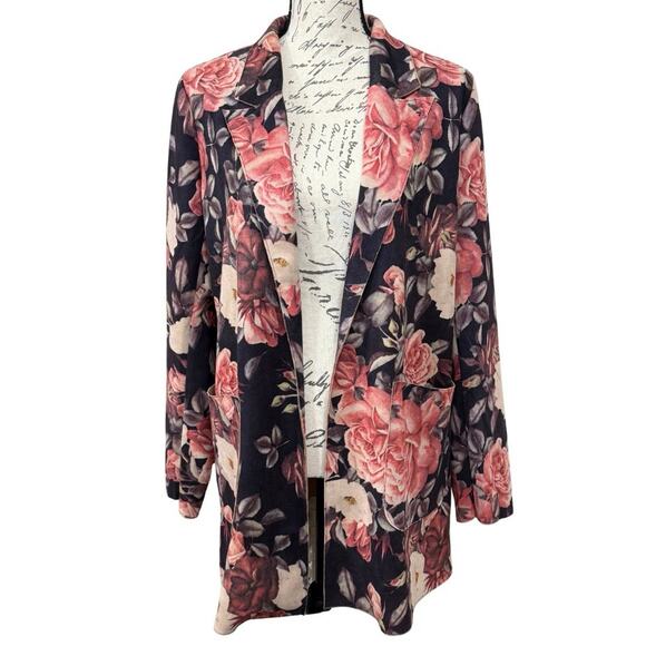 Solitaire Faux Suede Open Jacket Size L Pink Brown Floral Notch Collar Pockets - Picture 1 of 9